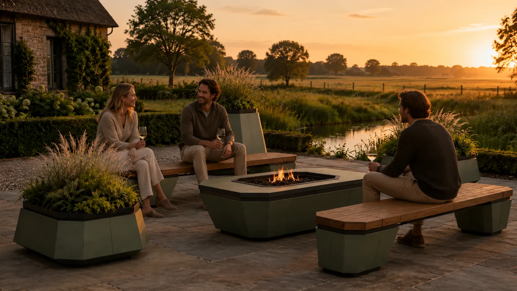 People gathered in a Riven Vou outdoor setting